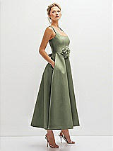 Side View Thumbnail - Sage Square Neck Satin Midi Dress with Full Skirt & Flower Sash