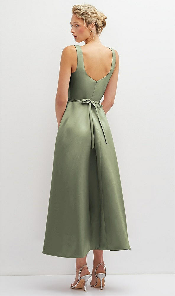 Back View - Sage Square Neck Satin Midi Dress with Full Skirt & Flower Sash