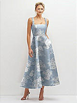 Front View Thumbnail - Porcelain Blue Seraphina Floral Floral Square Neck Satin Midi Dress with Full Skirt & Pockets