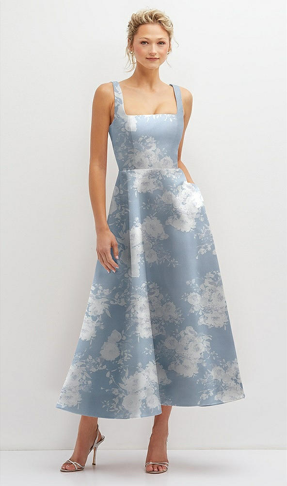 Front View - Porcelain Blue Seraphina Floral Floral Square Neck Satin Midi Dress with Full Skirt & Pockets