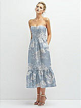 Alt View 1 Thumbnail - Porcelain Blue Seraphina Floral Floral Satin Strapless Midi Corset Dress with Lace-Up Back & Ruffle Hem