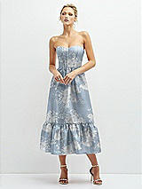 Front View Thumbnail - Porcelain Blue Seraphina Floral Floral Satin Strapless Midi Corset Dress with Lace-Up Back & Ruffle Hem