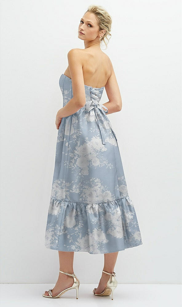 Back View - Porcelain Blue Seraphina Floral Floral Satin Strapless Midi Corset Dress with Lace-Up Back & Ruffle Hem