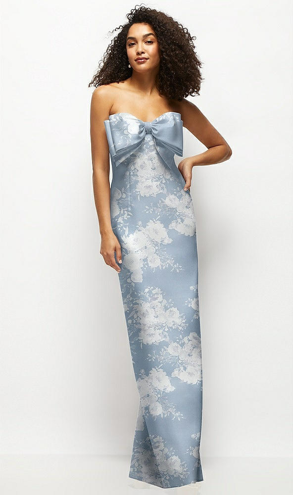 Front View - Porcelain Blue Seraphina Floral Strapless Floral Satin Column Maxi Dress with Oversized Bow