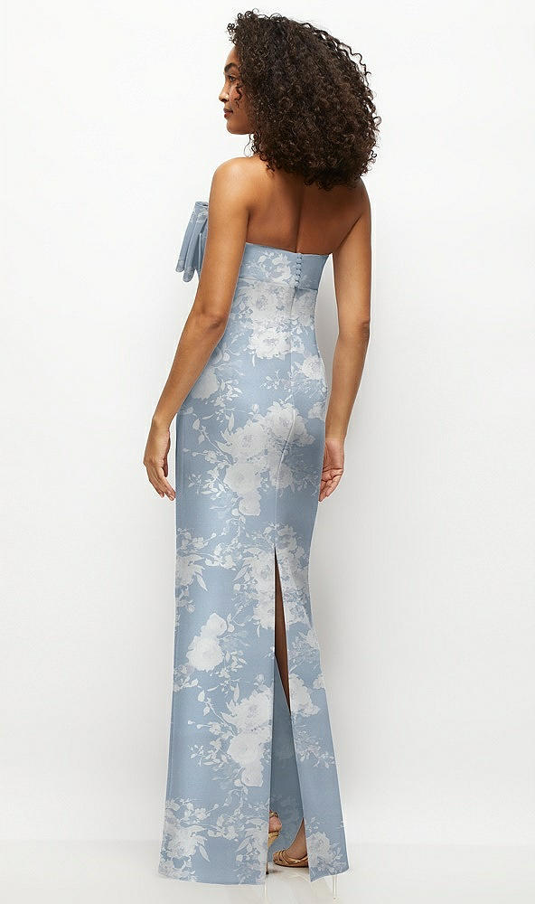 Back View - Porcelain Blue Seraphina Floral Strapless Floral Satin Column Maxi Dress with Oversized Bow