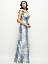 Side View Thumbnail - Porcelain Blue Seraphina Floral Deep V-back Floral Satin Trumpet Dress with One-Shoulder Cascading Bow