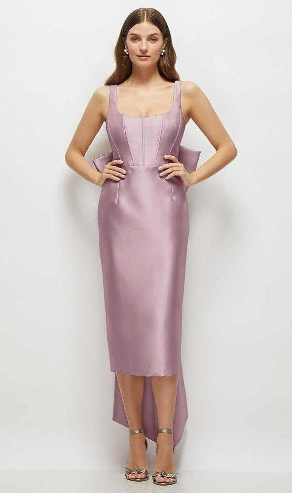 Front View - Dusty Rose Scoop Neck Corset Satin Midi Dress with Floor-Length Bow Tails