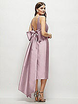 Rear View Thumbnail - Dusty Rose Scoop Neck Corset Satin Midi Dress with Floor-Length Bow Tails