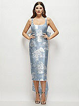 Front View Thumbnail - Porcelain Blue Seraphina Floral Floral Scoop Neck Corset Satin Midi Dress with Floor-Length Bow Tails