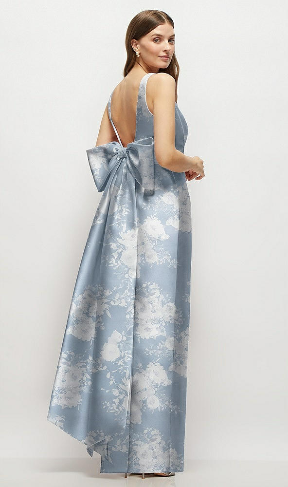 Back View - Porcelain Blue Seraphina Floral Floral Scoop Neck Corset Satin Maxi Dress with Floor-Length Bow Tails