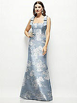 Front View Thumbnail - Porcelain Blue Seraphina Floral Floral Satin Fit and Flare Maxi Dress with Shoulder Bows