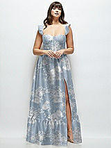 Alt View 1 Thumbnail - Porcelain Blue Seraphina Floral Floral Satin Corset Maxi Dress with Ruffle Straps & Skirt