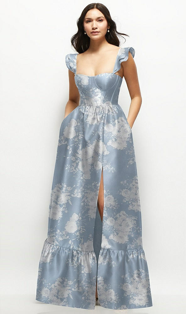 Front View - Porcelain Blue Seraphina Floral Floral Satin Corset Maxi Dress with Ruffle Straps & Skirt