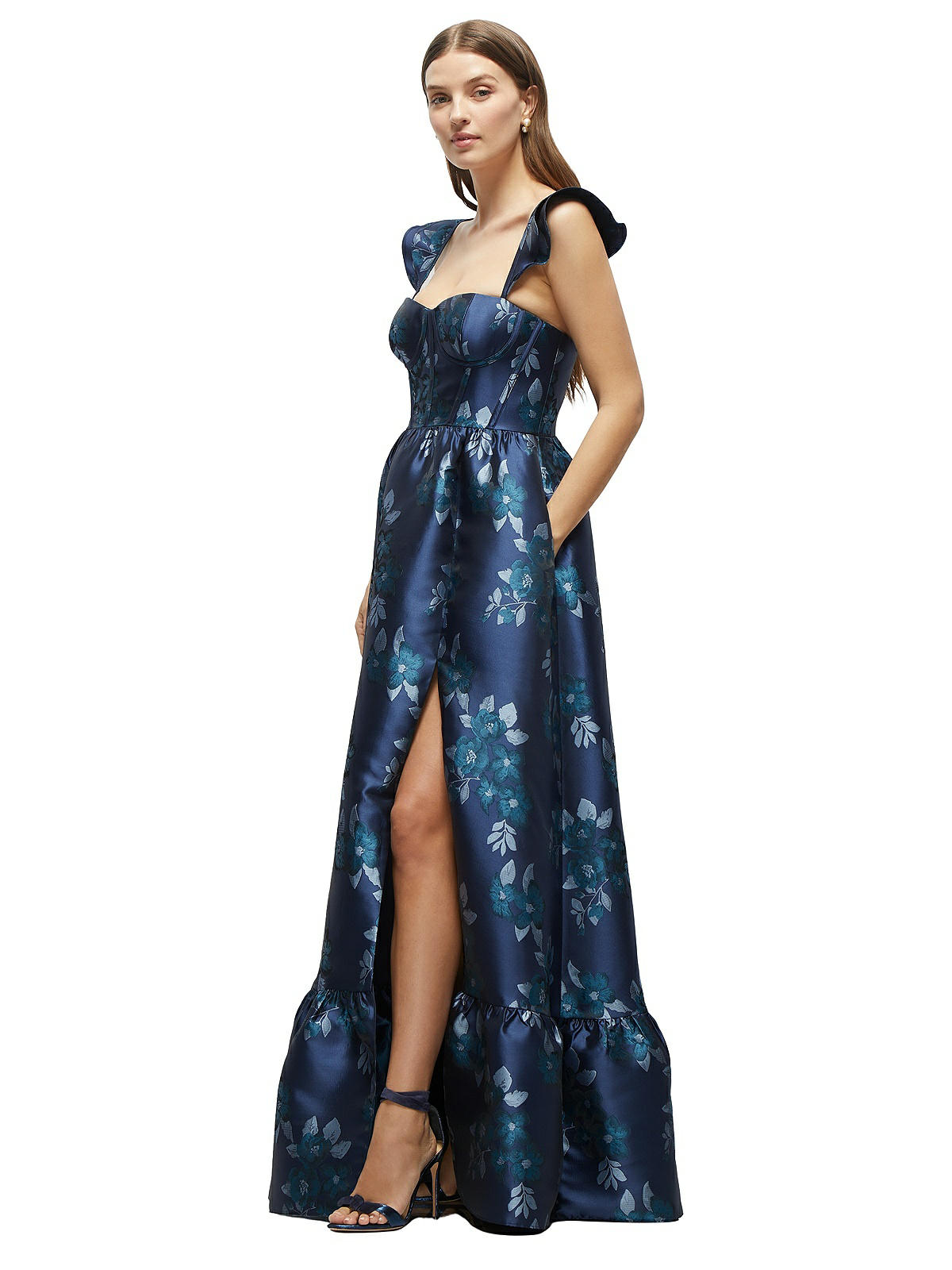 Baroque Rose Damask Floral Corset Maxi Bridesmaid Dress With Ruffle Straps Skirt In Midnight Navy Damask The Dessy Group