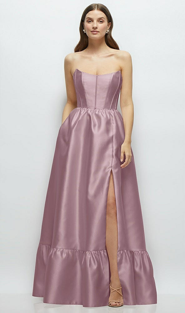 Front View - Dusty Rose Strapless Cat-Eye Boned Bodice Maxi Dress with Ruffle Hem