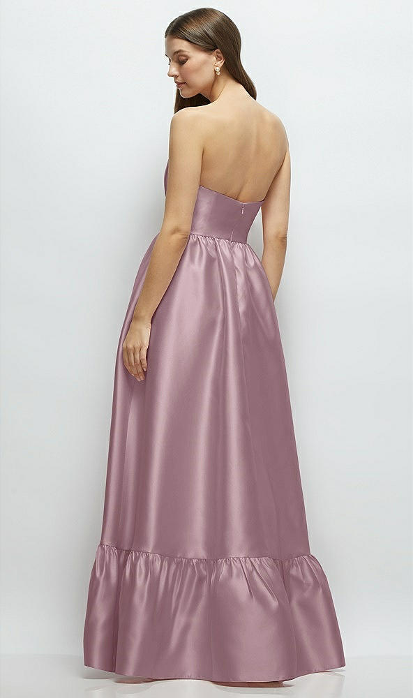 Back View - Dusty Rose Strapless Cat-Eye Boned Bodice Maxi Dress with Ruffle Hem