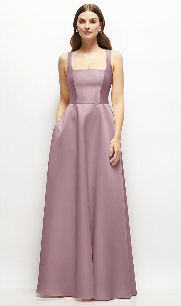 Front View - Dusty Rose Square-Neck Satin Maxi Dress with Full Skirt