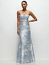 Front View Thumbnail - Porcelain Blue Seraphina Floral Strapless Cat-Eye Draped Bodice Floral Satin Tumpet Dress