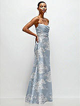 Side View Thumbnail - Porcelain Blue Seraphina Floral Strapless Cat-Eye Draped Bodice Floral Satin Tumpet Dress