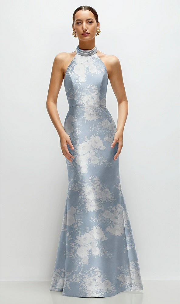 Front View - Porcelain Blue Seraphina Floral High-Neck Halter Open-Back Floral Satin Trumpet Dress 