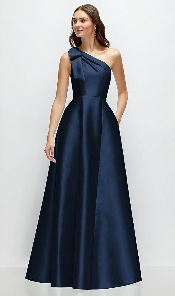 Front View - Midnight Navy Bow One-Shoulder Full A-Line Satin Maxi Dress