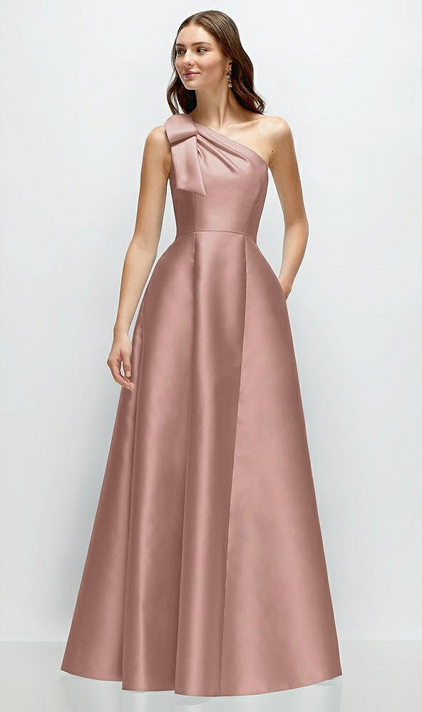 Front View - Neu Nude Bow One-Shoulder Full A-Line Satin Maxi Dress