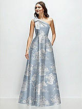 Front View Thumbnail - Porcelain Blue Seraphina Floral Bow One-Shoulder Full A-Line Floral Satin Maxi Dress