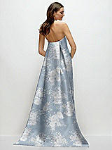 Rear View Thumbnail - Porcelain Blue Seraphina Floral Strapless Floral Satin Column Dress with Removeable Watteau Train