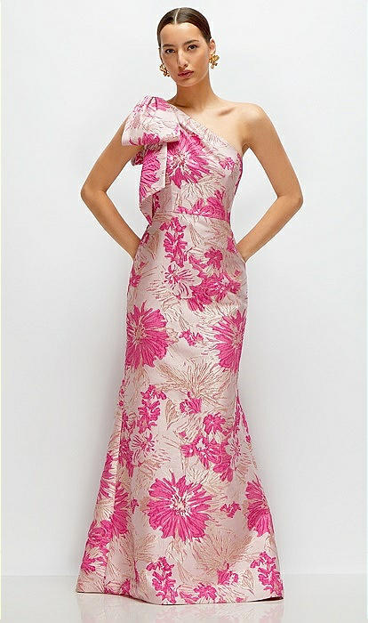 Hibiscus Pink Bow One shoulder Floral Jacquard Maxi Bridesmaid Dress With Trumpet Skirt In Hibiscus Pink Multi The Dessy Group