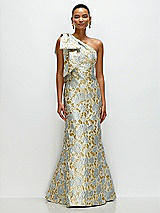 Front View Thumbnail - Winter Mist Bow One-Shoulder Gold Leaf Brocade Maxi Dress with Trumpet Skirt