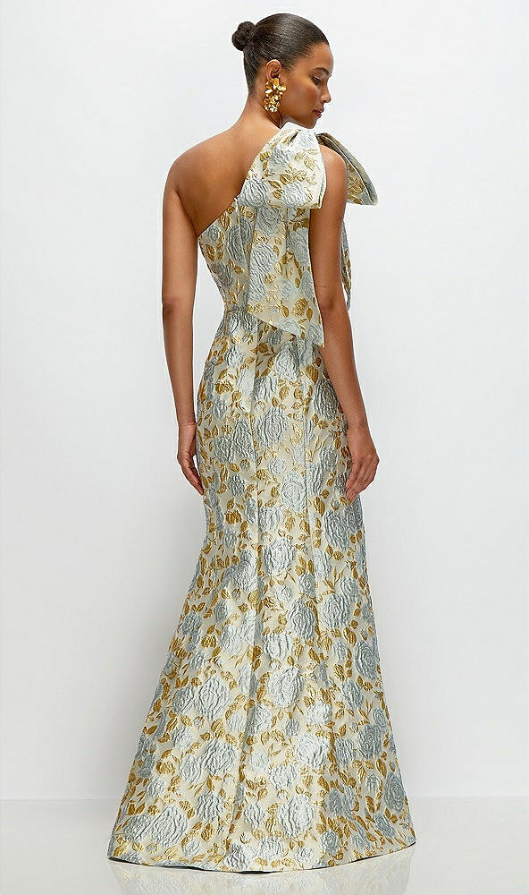 Back View - Winter Mist Bow One-Shoulder Gold Leaf Brocade Maxi Dress with Trumpet Skirt