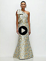 Video 1 Thumbnail - Winter Mist Bow One-Shoulder Gold Leaf Brocade Maxi Dress with Trumpet Skirt