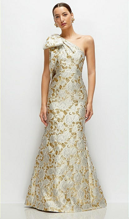 Bow One shoulder Gold Leaf Brocade Maxi Bridesmaid Dress With Trumpet Skirt In Winter Rose The Dessy Group