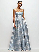 Front View Thumbnail - Porcelain Blue Seraphina Floral Scoop Neck Drop Basque Skirt Floral Satin Maxi Dress with Pockets