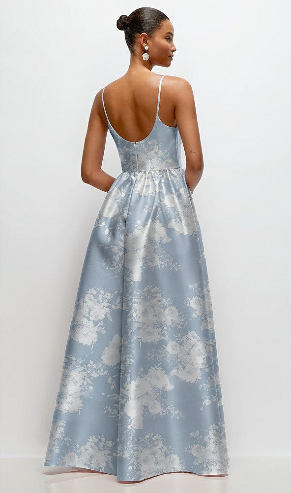 Back View - Porcelain Blue Seraphina Floral Scoop Neck Drop Basque Skirt Floral Satin Maxi Dress with Pockets