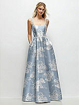 Front View Thumbnail - Porcelain Blue Seraphina Floral Scoop Neck Inset Corset Floral Satin Maxi Dress with Pockets