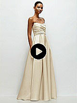 Video 1 Thumbnail - Cashmere Gray Strapless Draped Cat-Eye Satin Maxi Dress with Full Skirt