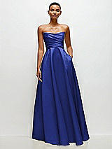 Side View Thumbnail - Cobalt Blue Strapless Draped Cat-Eye Satin Maxi Dress with Full Skirt