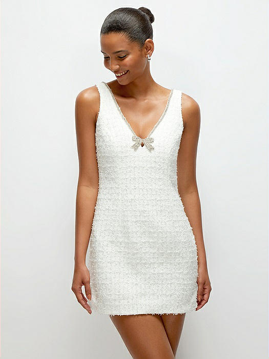 Sleeveless Luxe Bridal Tweed Mini Sheath Dress with Rhinestone Trim - LWD