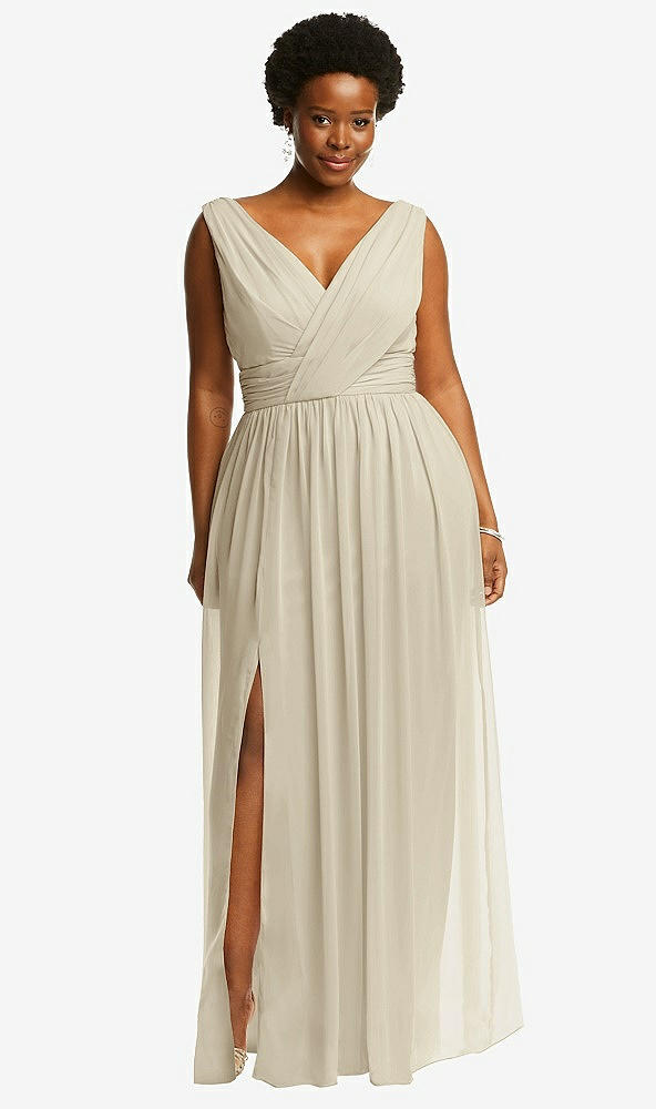 Front View - Champagne Sleeveless Draped Chiffon Maxi Dress with Front Slit