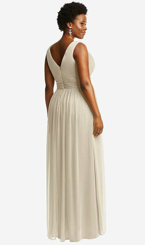 Back View - Champagne Sleeveless Draped Chiffon Maxi Dress with Front Slit