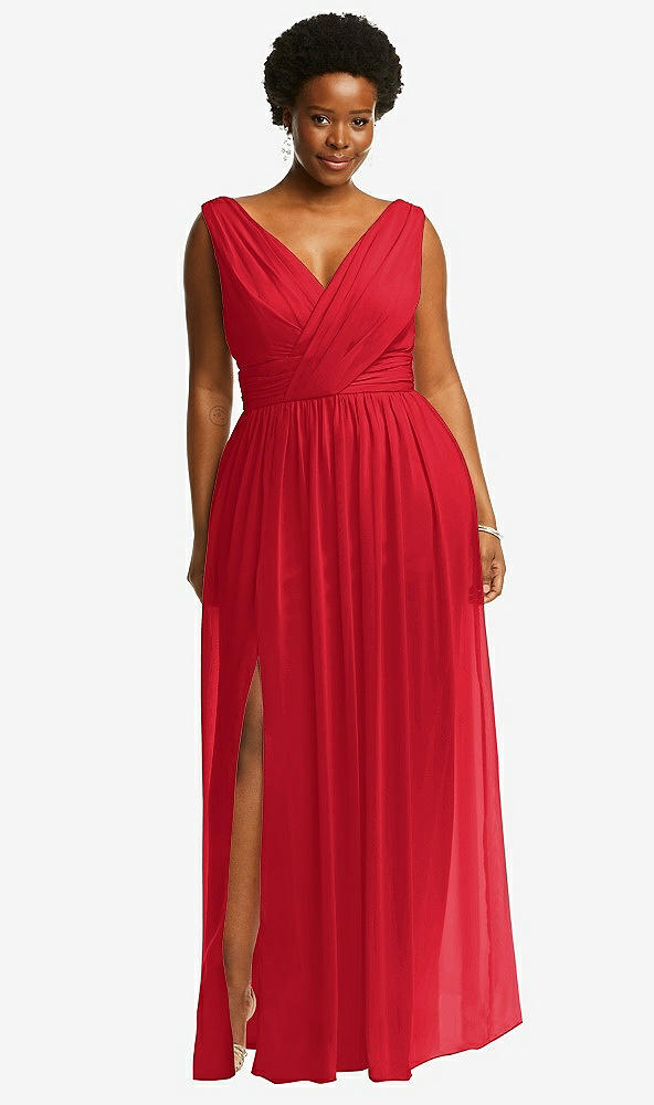 Front View - Parisian Red Sleeveless Draped Chiffon Maxi Dress with Front Slit