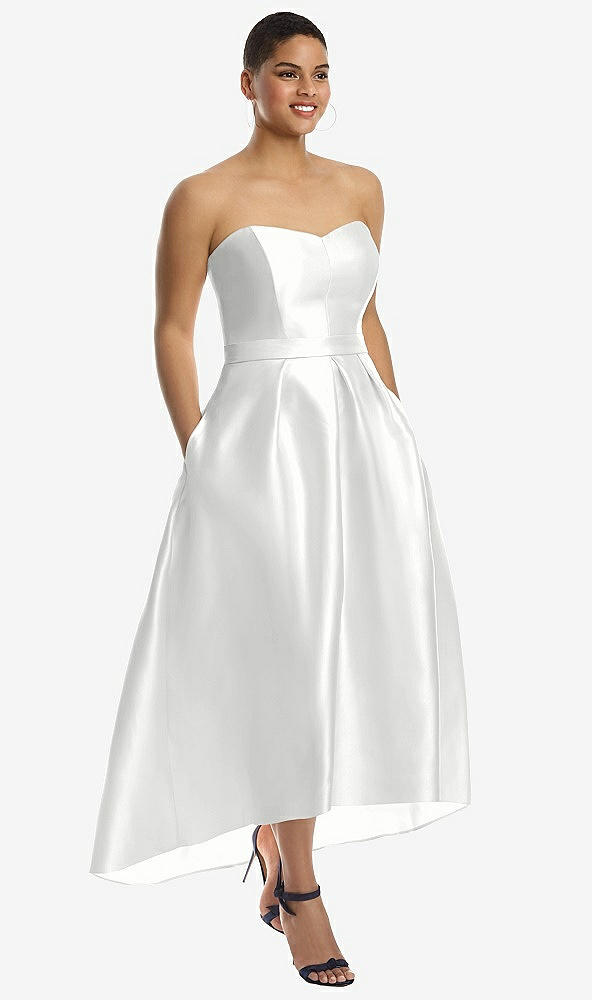 Front View - White & White Strapless Satin High Low Dress with Pockets