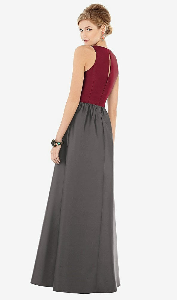 Back View - Caviar Gray & Burgundy Sleeveless Keyhole Back Satin Maxi Dress