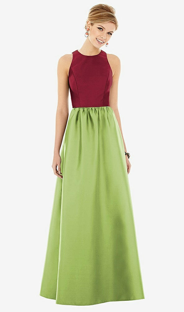 Front View - Mojito & Burgundy Sleeveless Keyhole Back Satin Maxi Dress