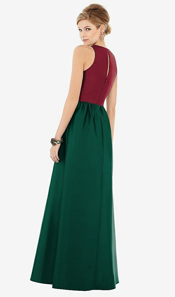 Back View - Hunter Green & Burgundy Sleeveless Keyhole Back Satin Maxi Dress