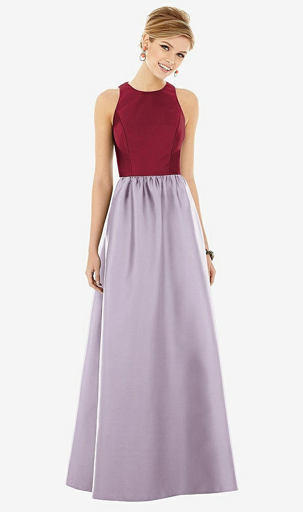 Front View - Lilac Haze & Burgundy Sleeveless Keyhole Back Satin Maxi Dress