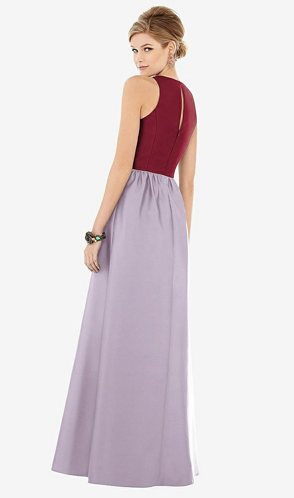 Back View - Lilac Haze & Burgundy Sleeveless Keyhole Back Satin Maxi Dress