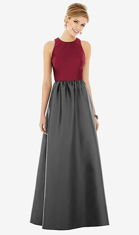 Front View - Pewter & Burgundy Sleeveless Keyhole Back Satin Maxi Dress