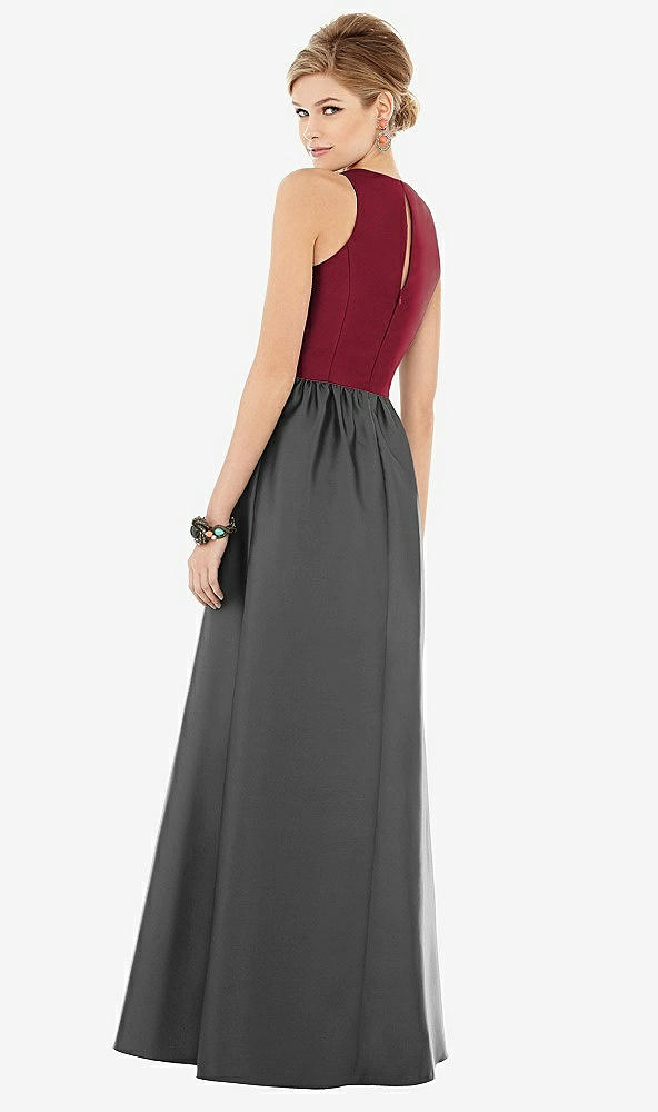 Back View - Pewter & Burgundy Sleeveless Keyhole Back Satin Maxi Dress